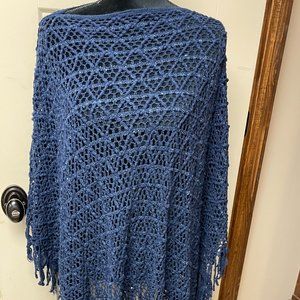 Blue Knit Fringe Poncho OS